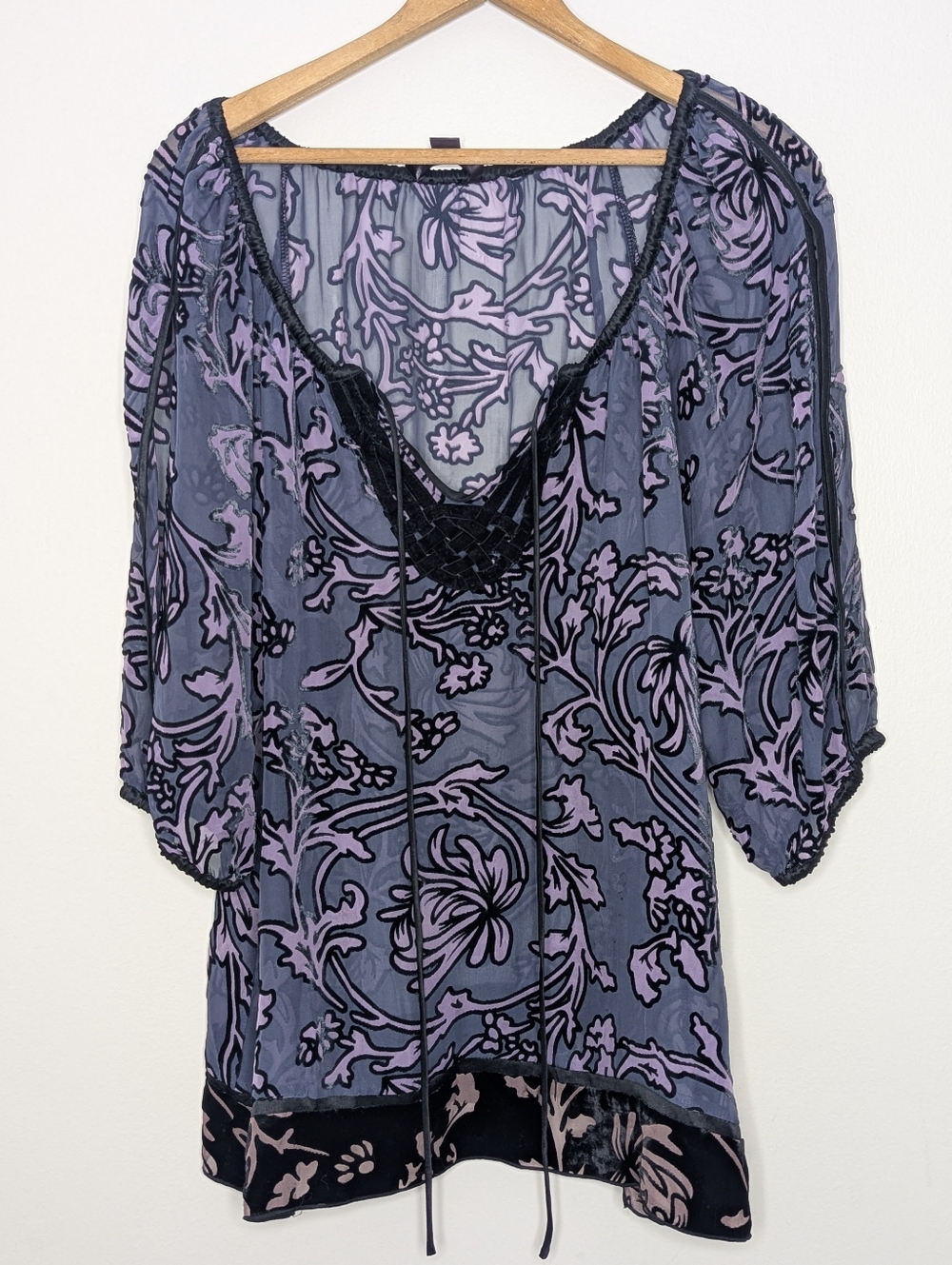 Hale Bob Silk Blend Purple Floral Velvet Burnout Tunic Blouse Sheer Women's M